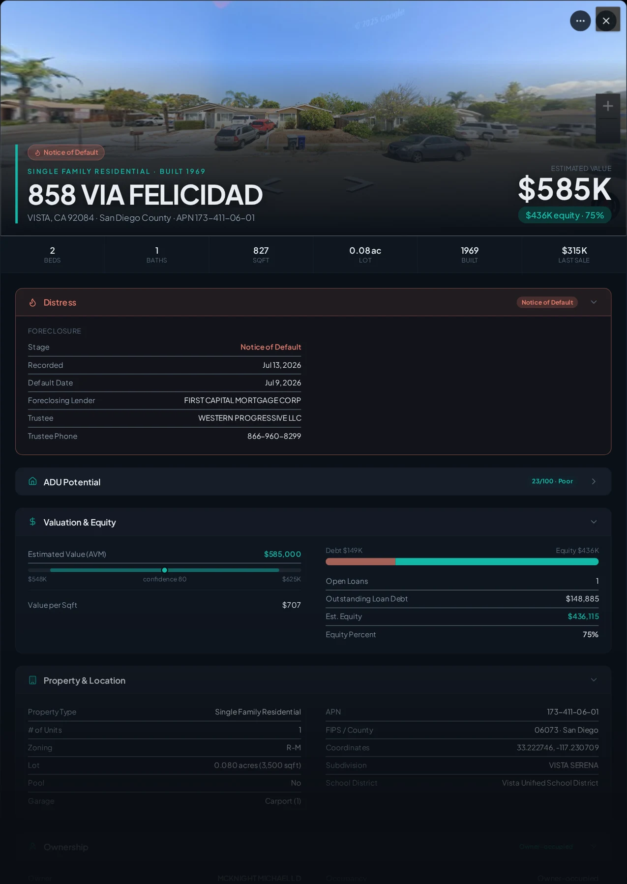 A real Vista, California foreclosure record in Properant — stage, recorded dates, lender, trustee, loans, liens, and equity on one page