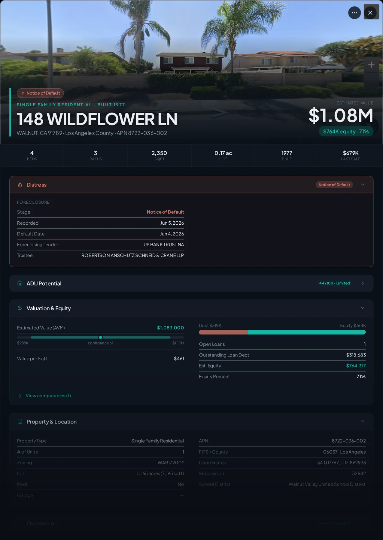 A real Walnut, California foreclosure record in Properant — stage, recorded dates, lender, trustee, loans, liens, and equity on one page