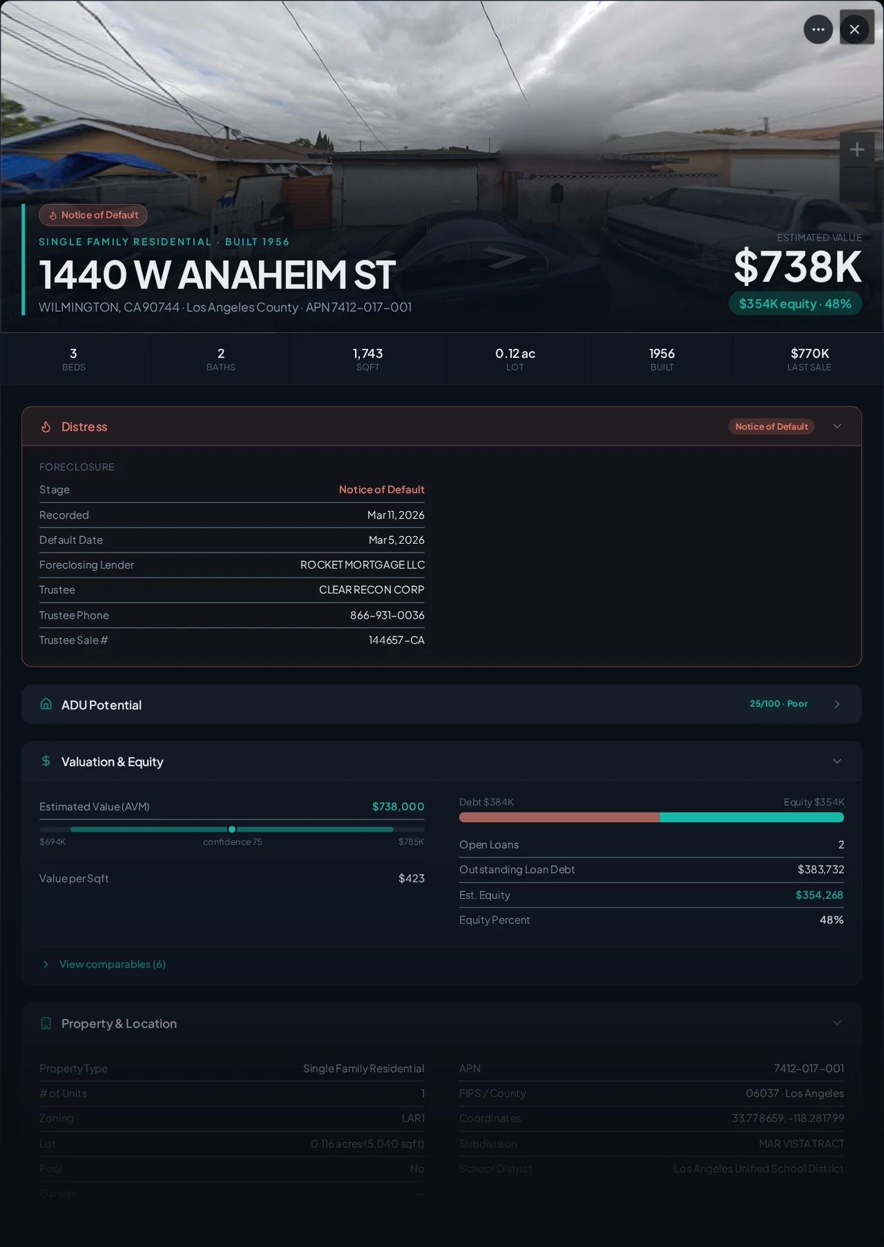 A real Wilmington, California foreclosure record in Properant — stage, recorded dates, lender, trustee, loans, liens, and equity on one page