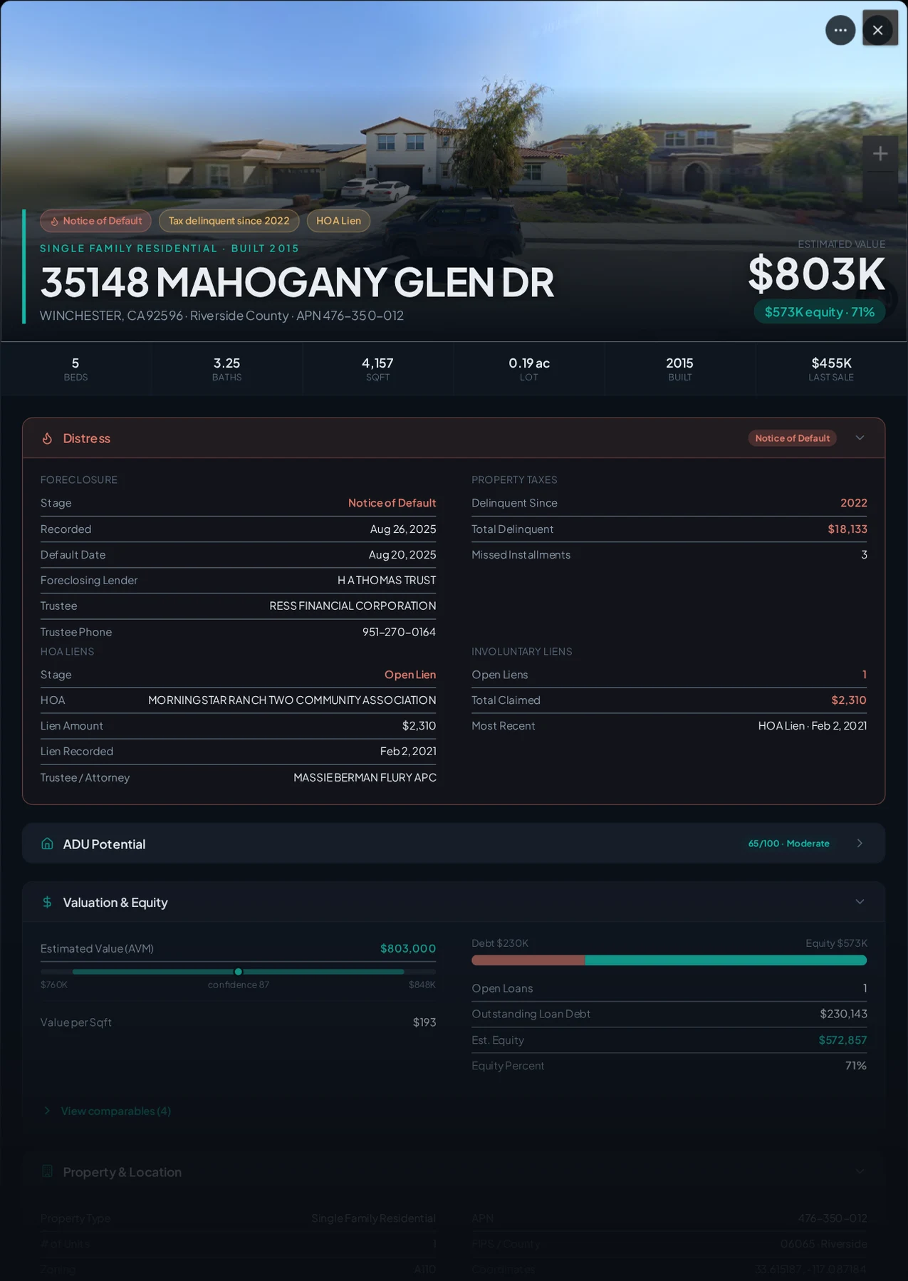 A real Winchester, California foreclosure record in Properant — stage, recorded dates, lender, trustee, loans, liens, and equity on one page