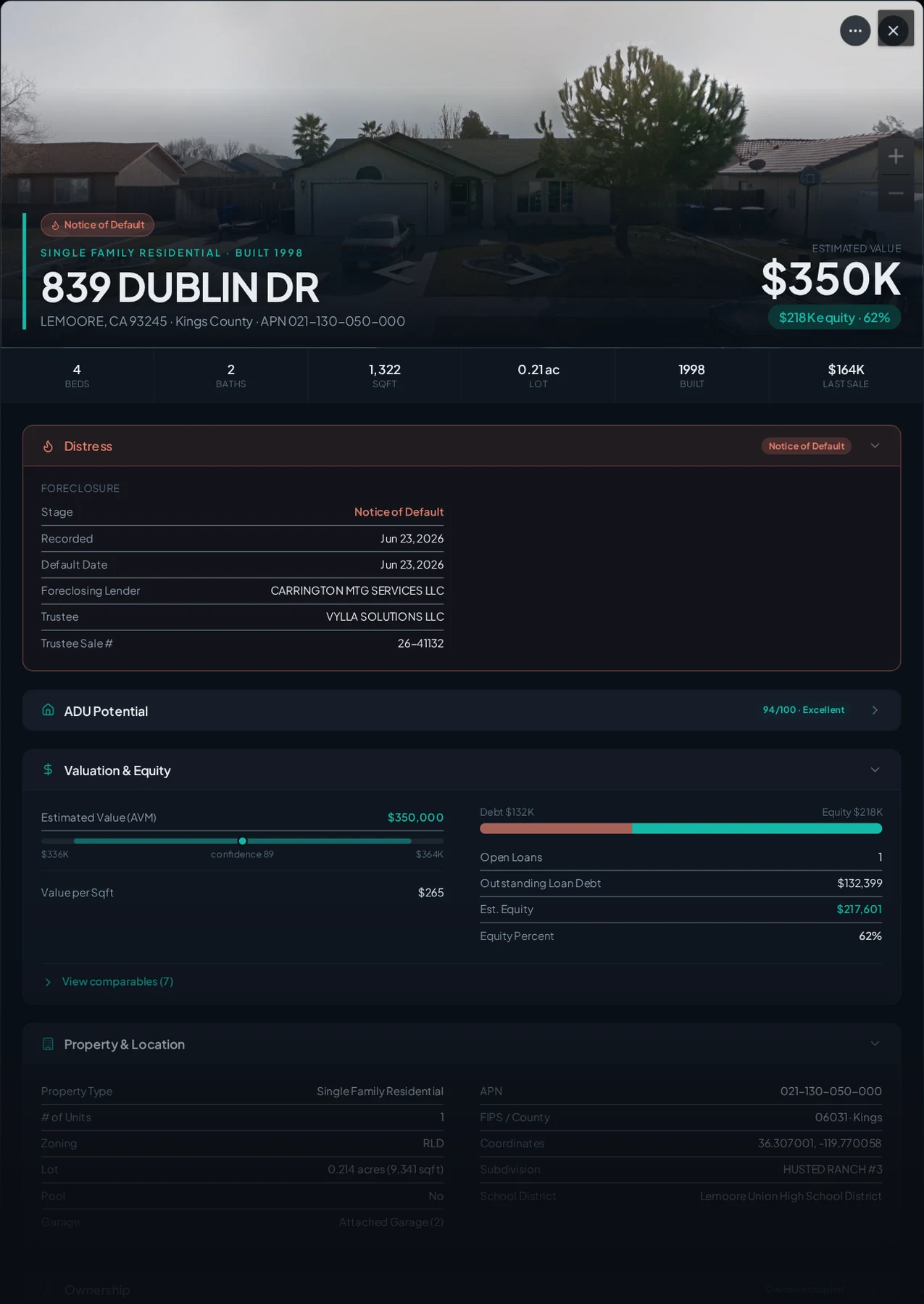 A real Kings County foreclosure record in Properant — stage, recorded dates, lender, trustee, loans, liens, and equity on one page