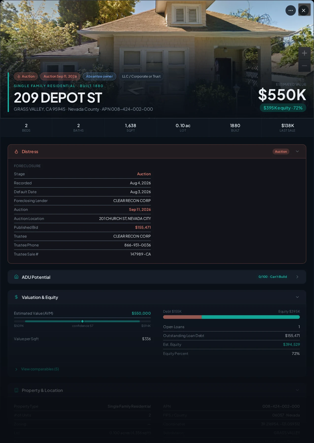 A real Nevada County foreclosure record in Properant — stage, recorded dates, lender, trustee, loans, liens, and equity on one page