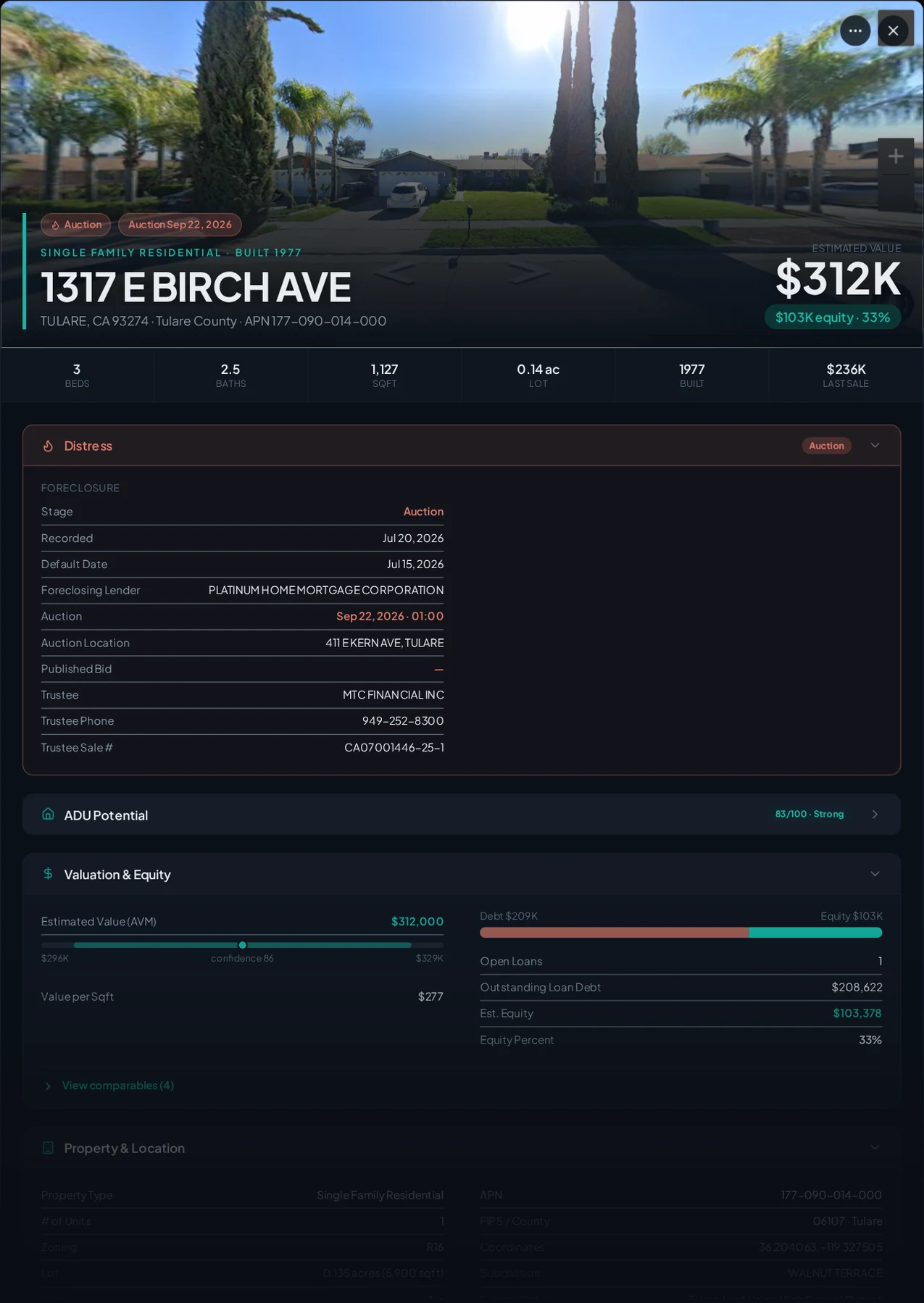 A real Tulare County foreclosure record in Properant — stage, recorded dates, lender, trustee, loans, liens, and equity on one page