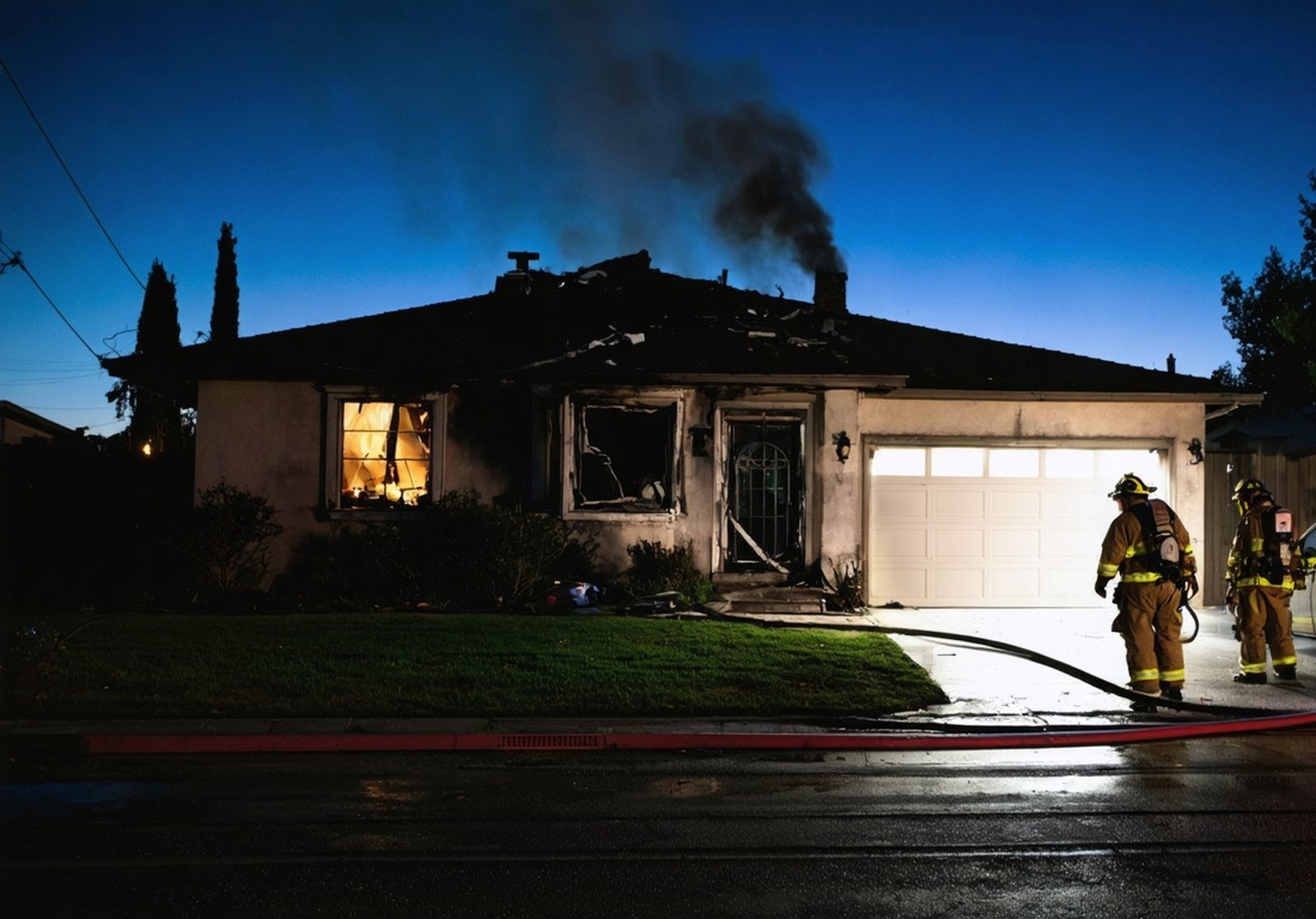 Firefighters at a California house after a fire: the house standing, soot around the windows, smoke still rising