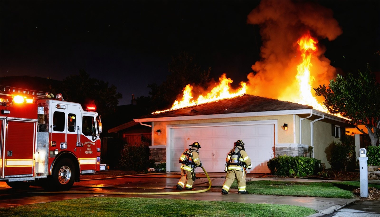 Firefighters at a California house with a garage fire at night: the house still standing