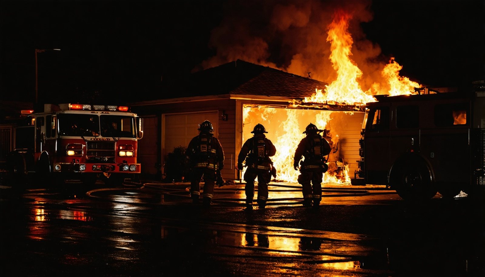 Firefighters silhouetted against a garage fire at night: the house still standing