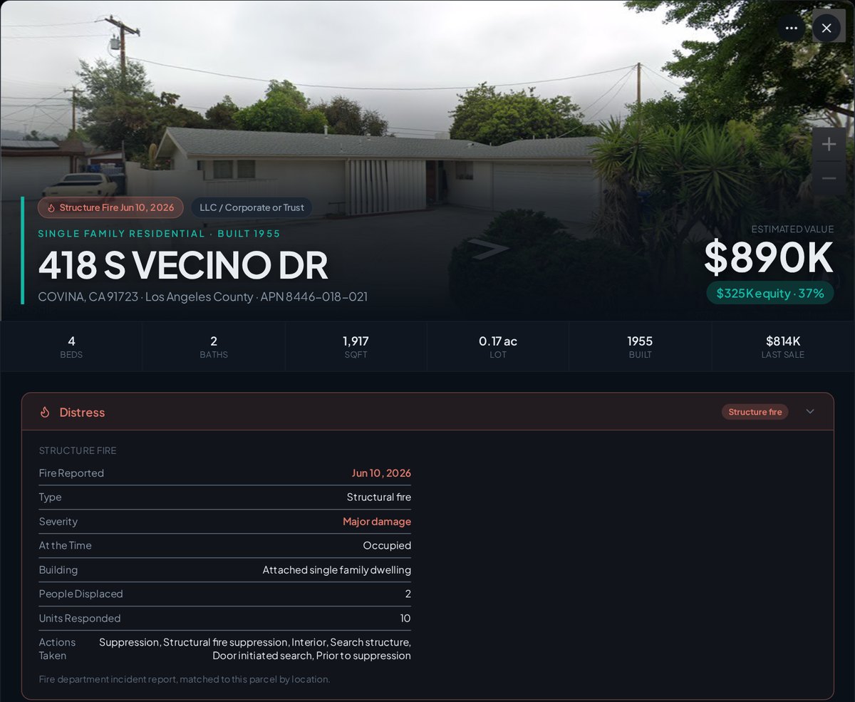 A Properant property profile in Los Angeles County showing a structure fire with major damage: the Street View banner, the fire badge, and the Distress card with the fire department's report