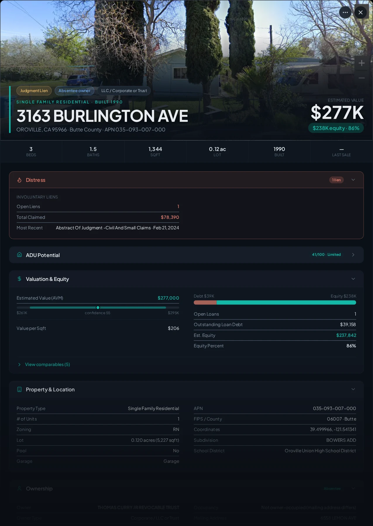 A real Butte County property with recorded liens in Properant — each lien, who filed it, the owner, loans and equity on one page
