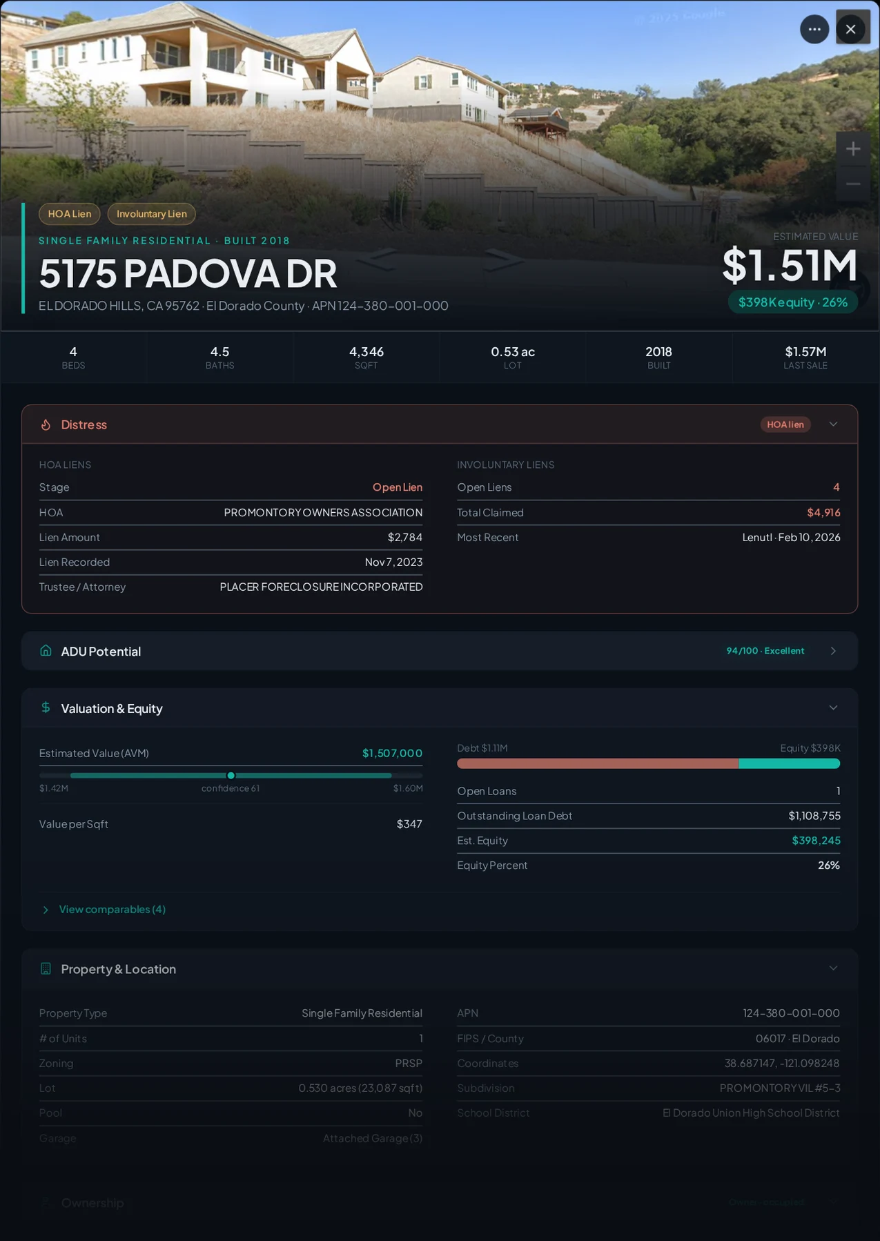 A real El Dorado County property with recorded liens in Properant — each lien, who filed it, the owner, loans and equity on one page