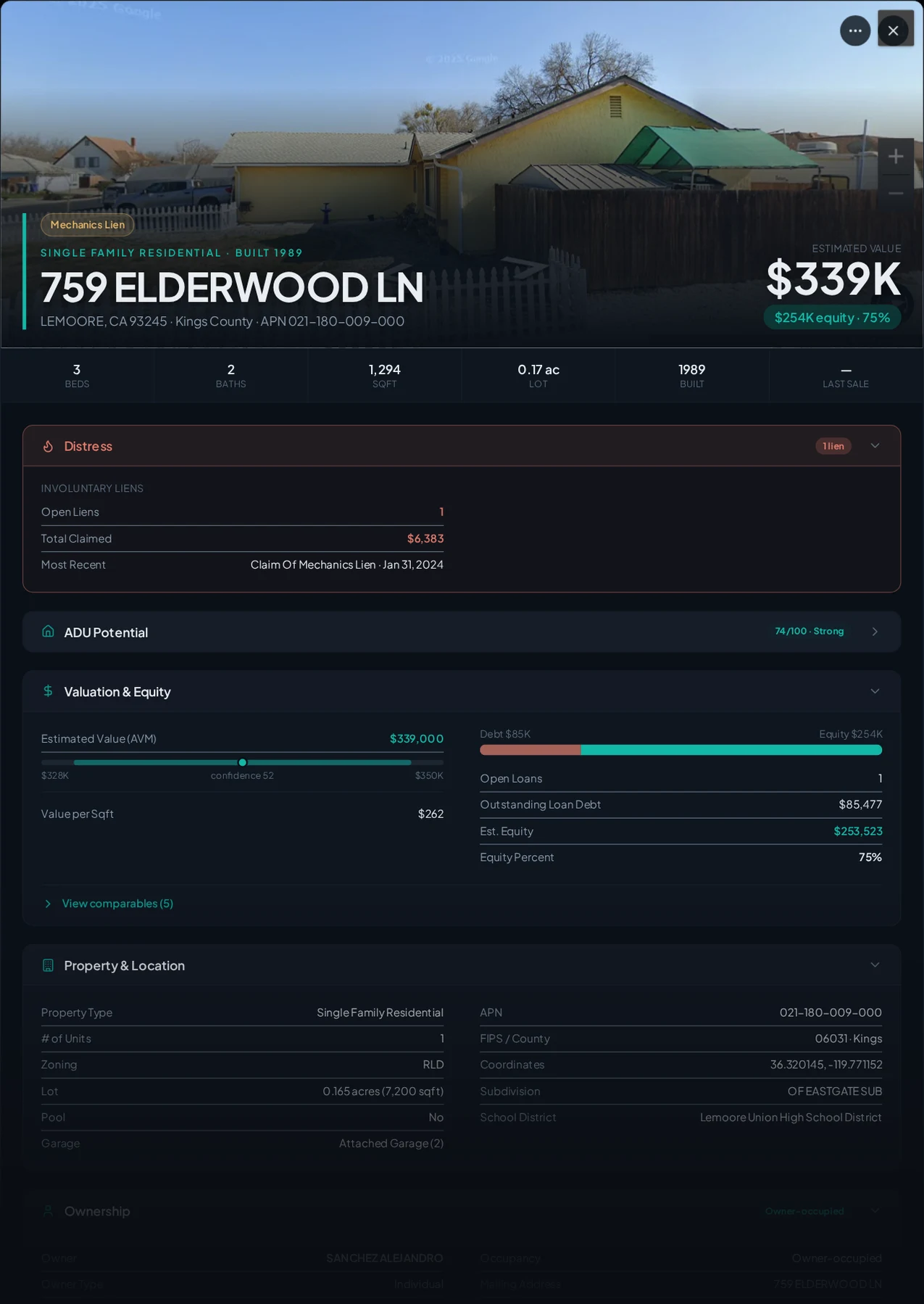 A real Kings County property with recorded liens in Properant — each lien, who filed it, the owner, loans and equity on one page