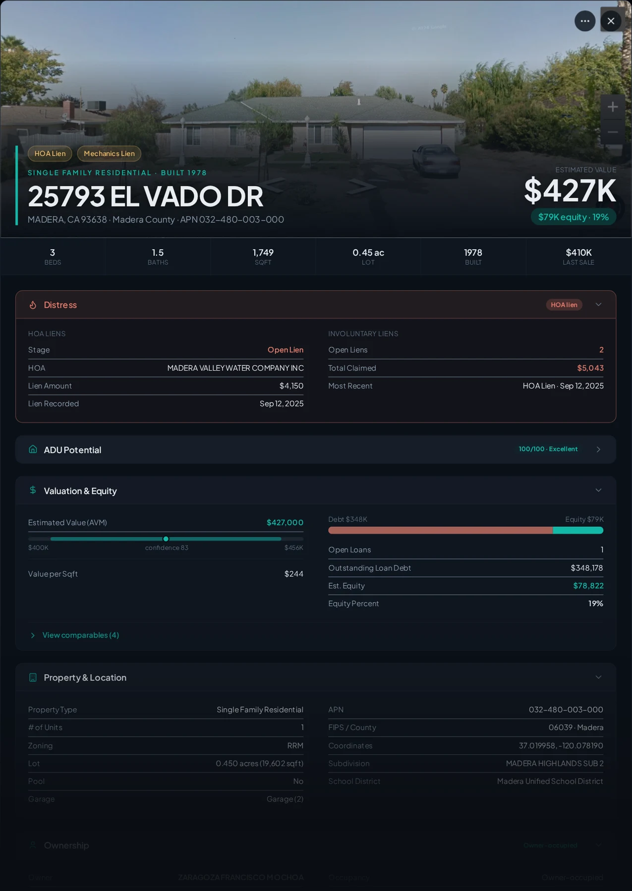 A real Madera County property with recorded liens in Properant — each lien, who filed it, the owner, loans and equity on one page
