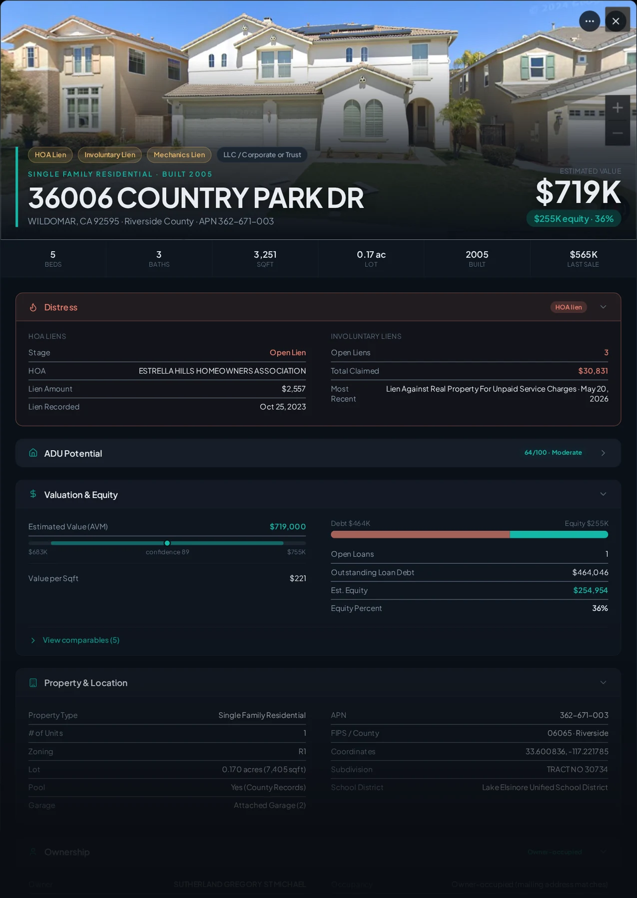 A real Riverside County property with recorded liens in Properant — each lien, who filed it, the owner, loans and equity on one page