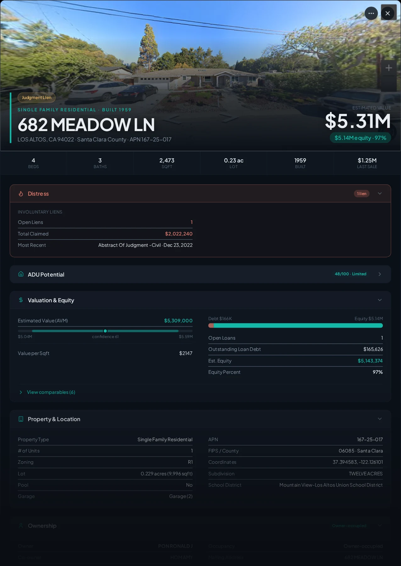 A real Santa Clara County property with recorded liens in Properant — each lien, who filed it, the owner, loans and equity on one page