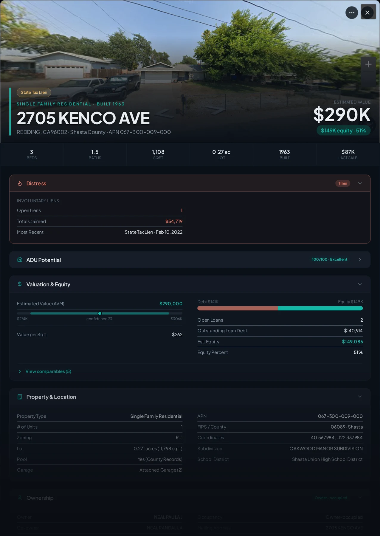 A real Shasta County property with recorded liens in Properant — each lien, who filed it, the owner, loans and equity on one page