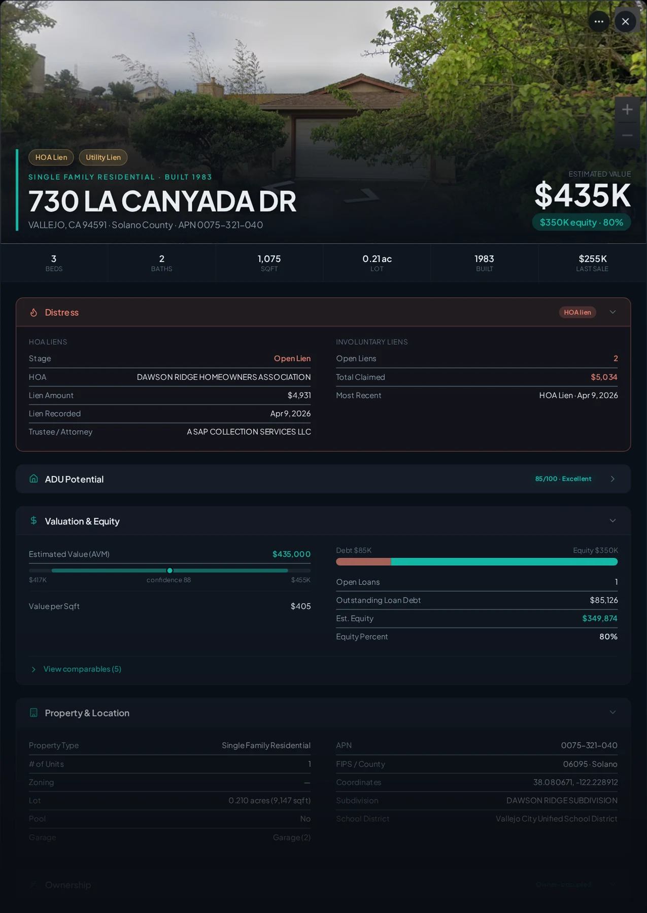 A real Solano County property with recorded liens in Properant — each lien, who filed it, the owner, loans and equity on one page