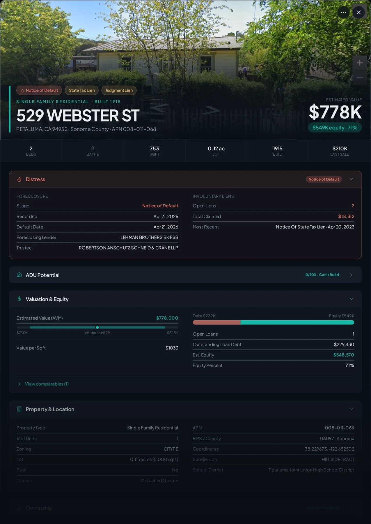 A real Sonoma County property with recorded liens in Properant — each lien, who filed it, the owner, loans and equity on one page