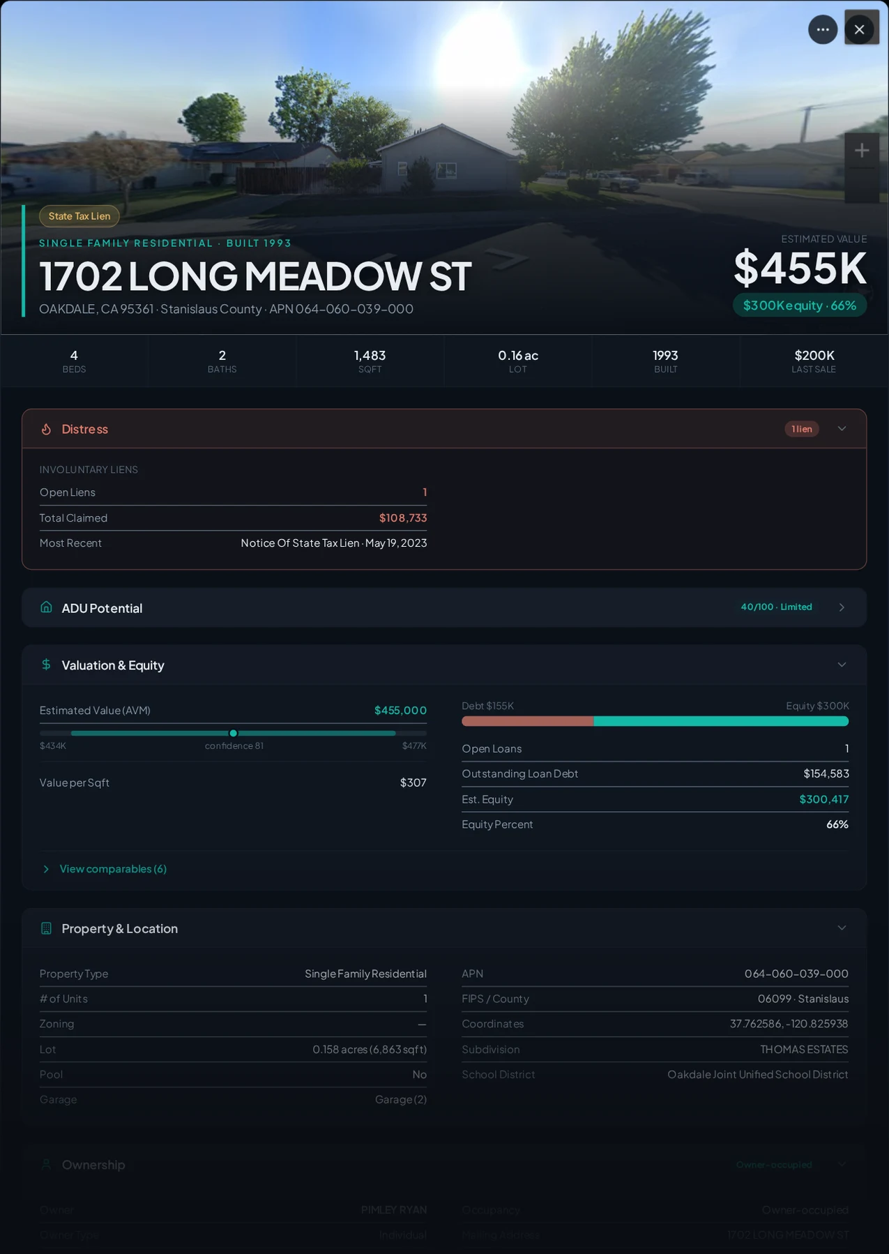A real Stanislaus County property with recorded liens in Properant — each lien, who filed it, the owner, loans and equity on one page