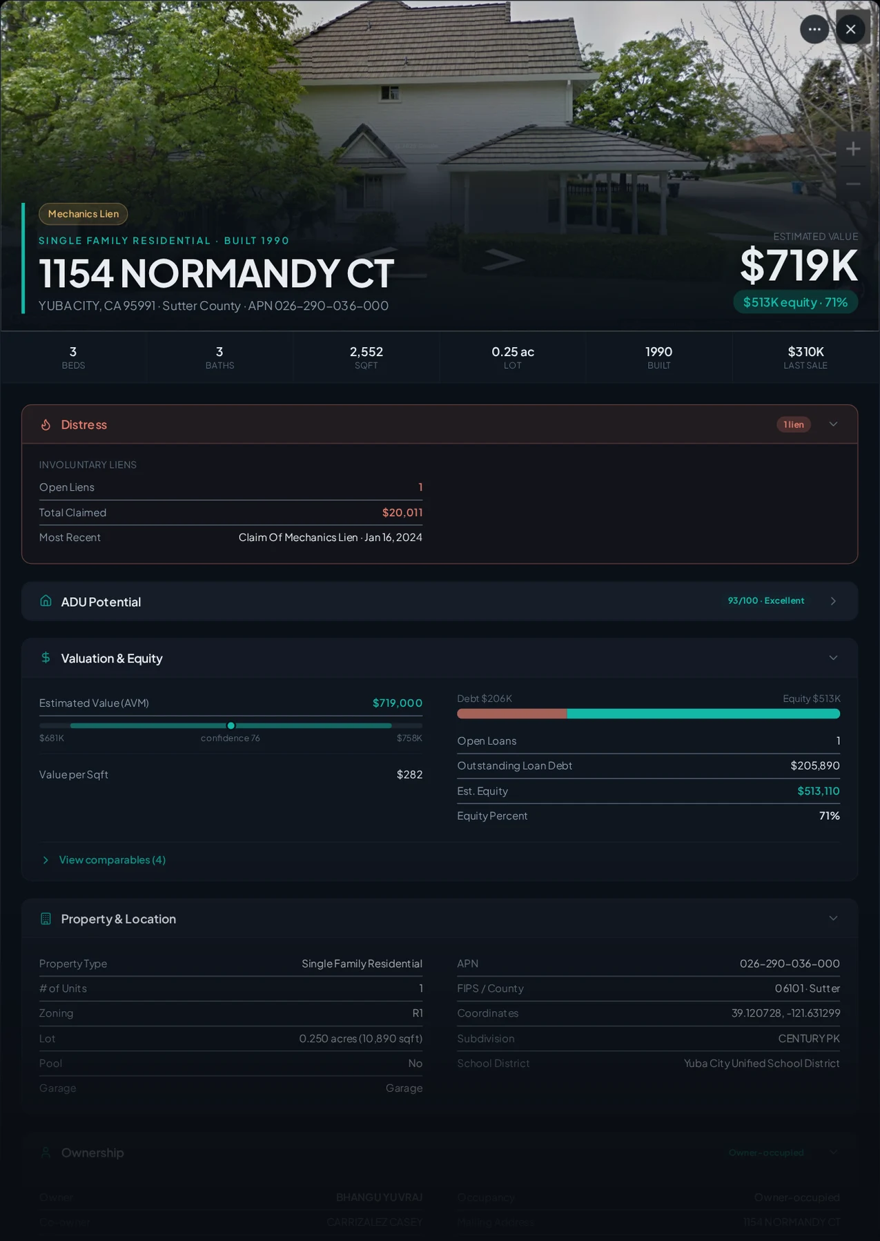 A real Sutter County property with recorded liens in Properant — each lien, who filed it, the owner, loans and equity on one page