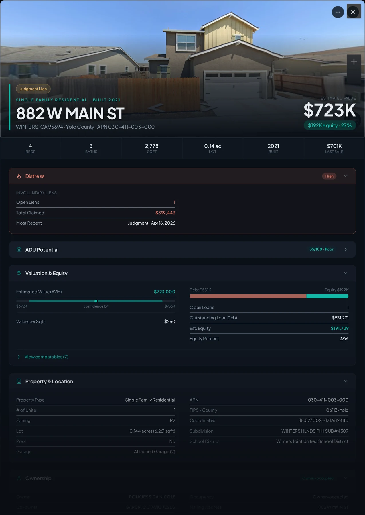 A real Yolo County property with recorded liens in Properant — each lien, who filed it, the owner, loans and equity on one page