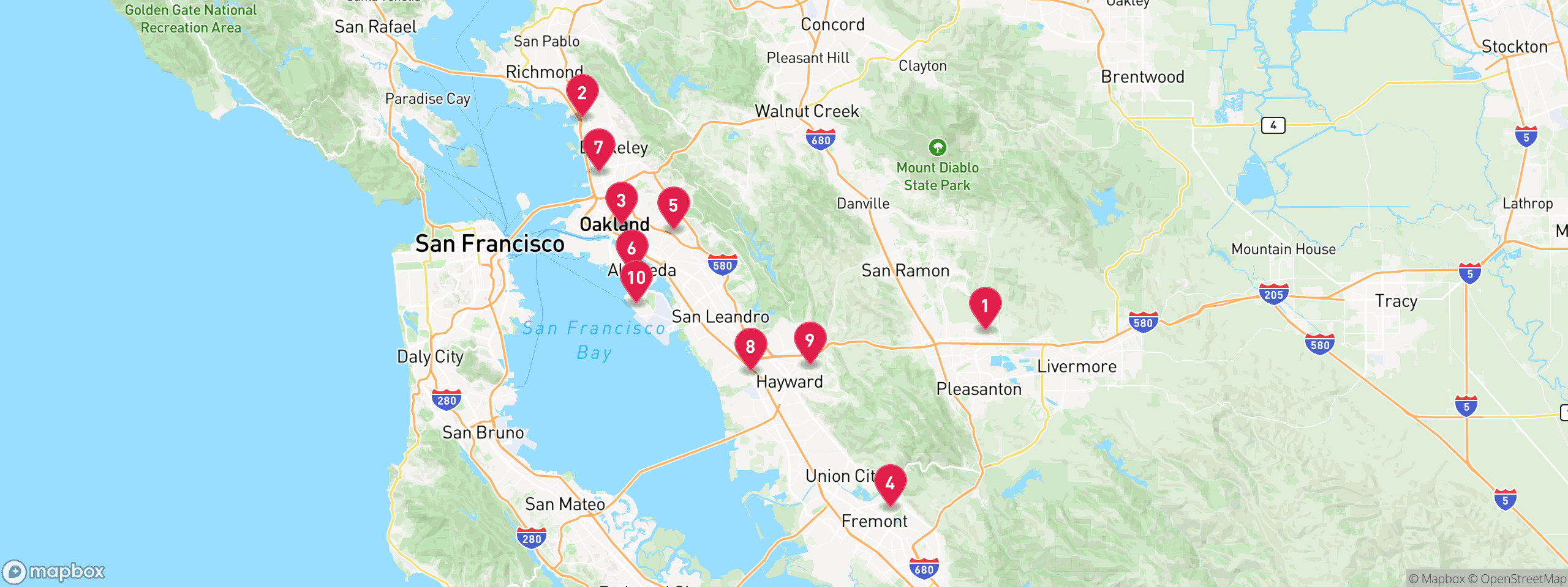 Map of 10 sample hoa lien properties in Alameda County, numbered to match the table