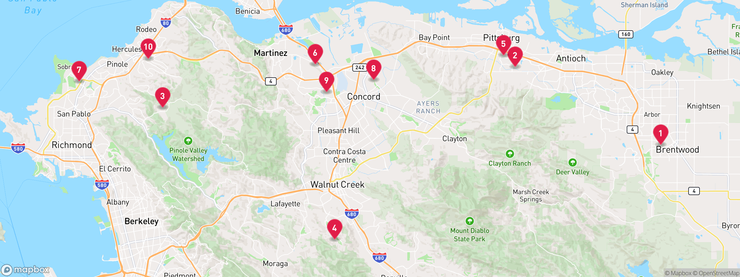 Map of 10 sample hoa lien properties in Contra Costa County, numbered to match the table