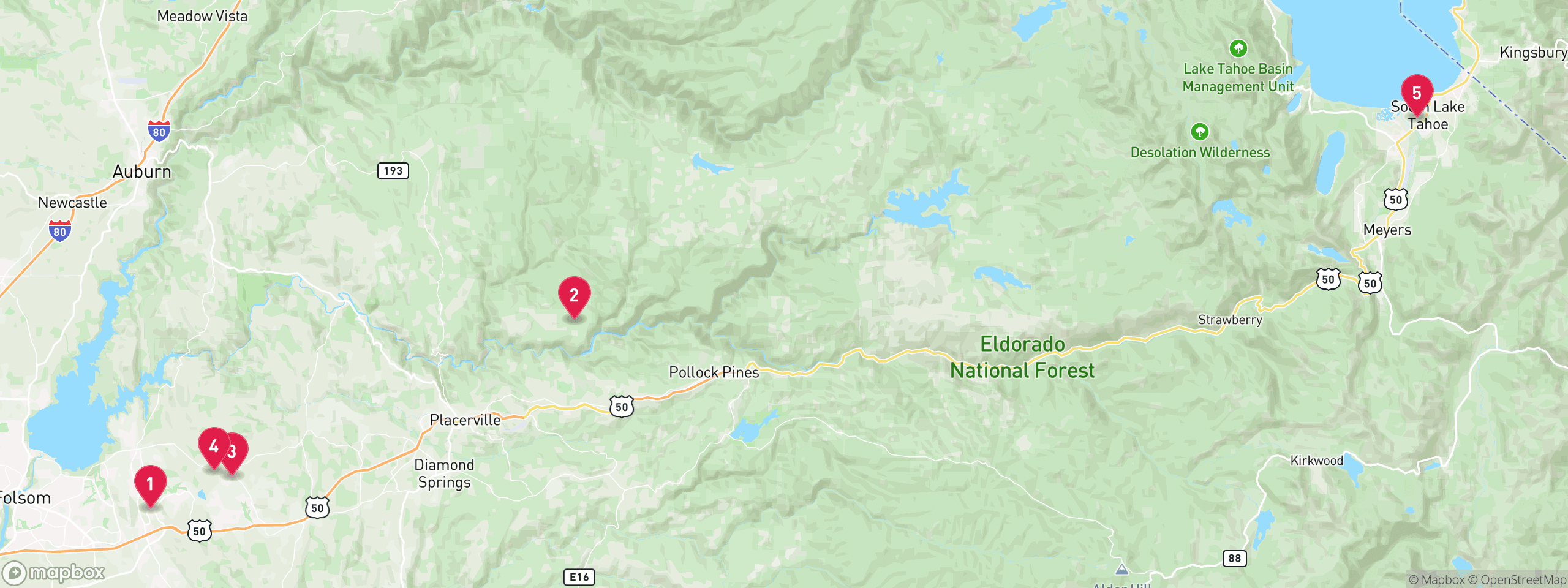 Map of 5 sample hoa lien properties in El Dorado County, numbered to match the table