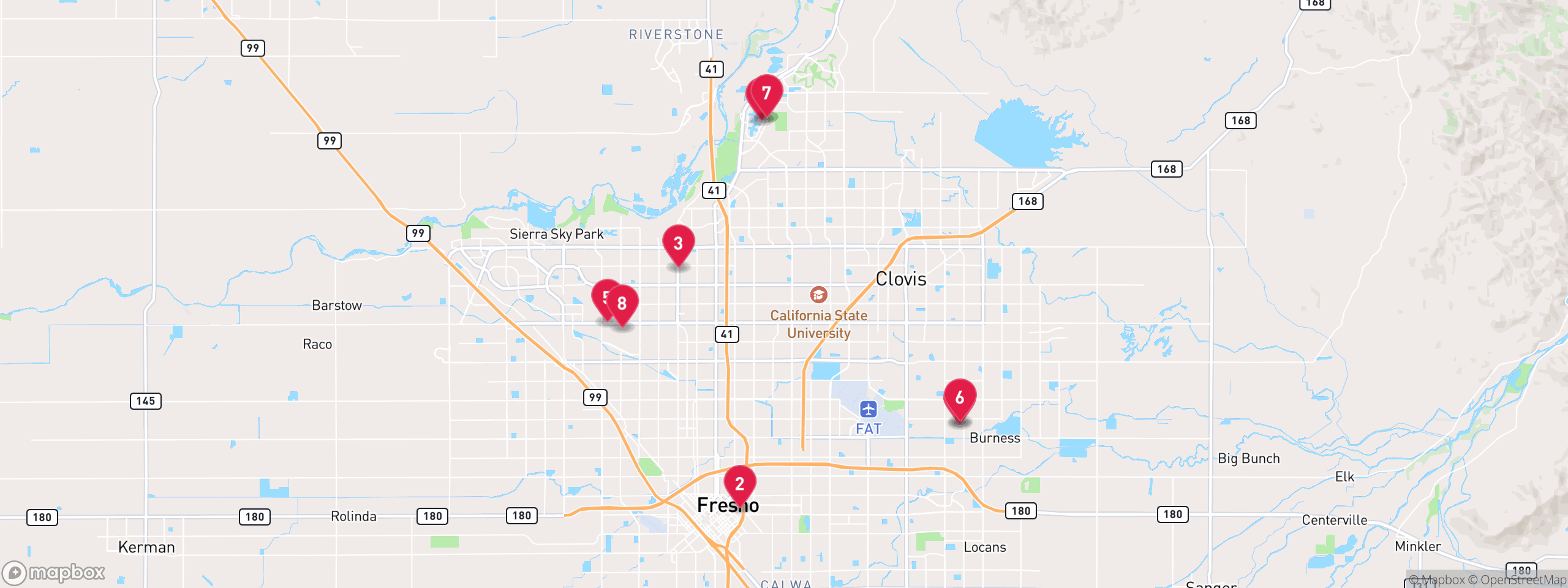Map of 8 sample hoa lien properties in Fresno County, numbered to match the table
