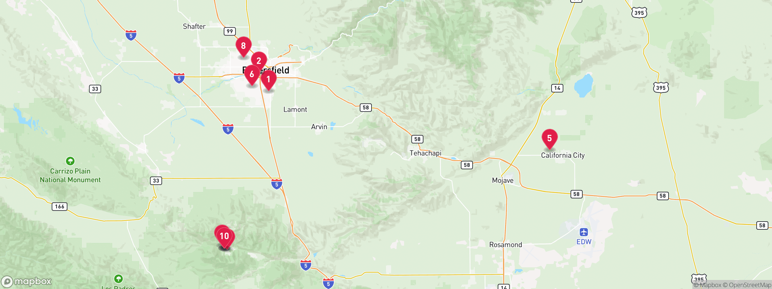 Map of 10 sample hoa lien properties in Kern County, numbered to match the table