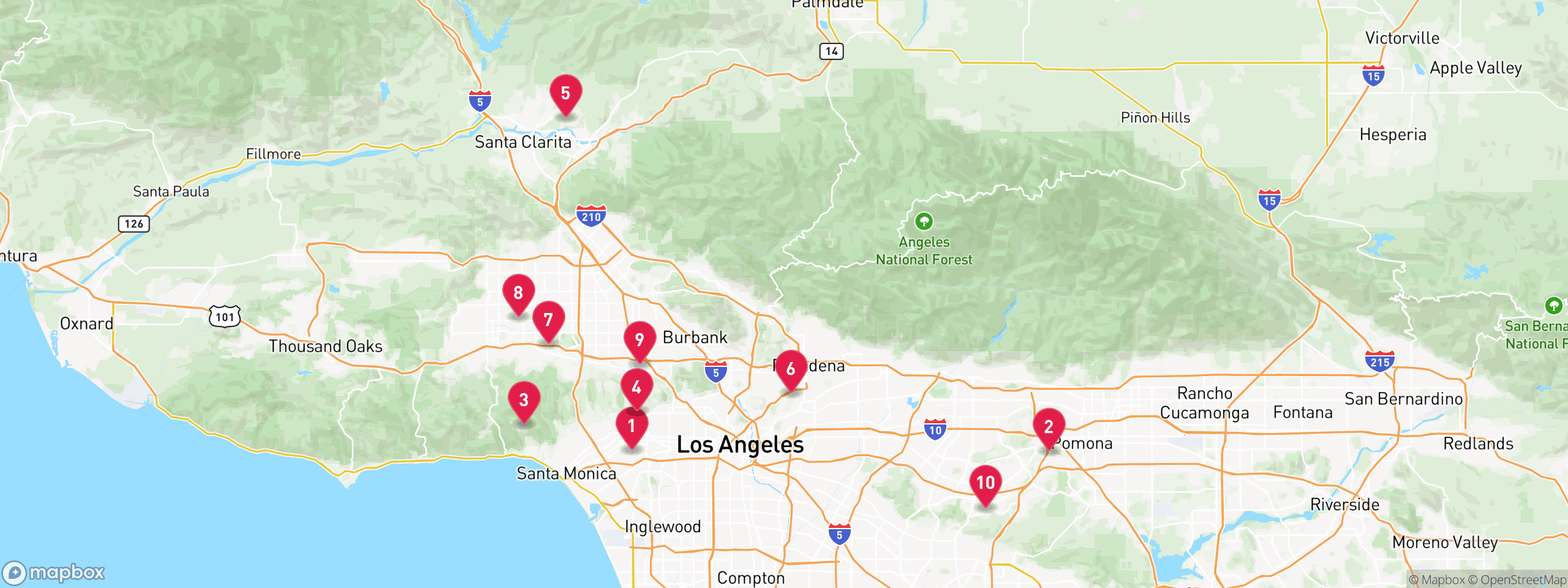 Map of 10 sample hoa lien properties in Los Angeles County, numbered to match the table
