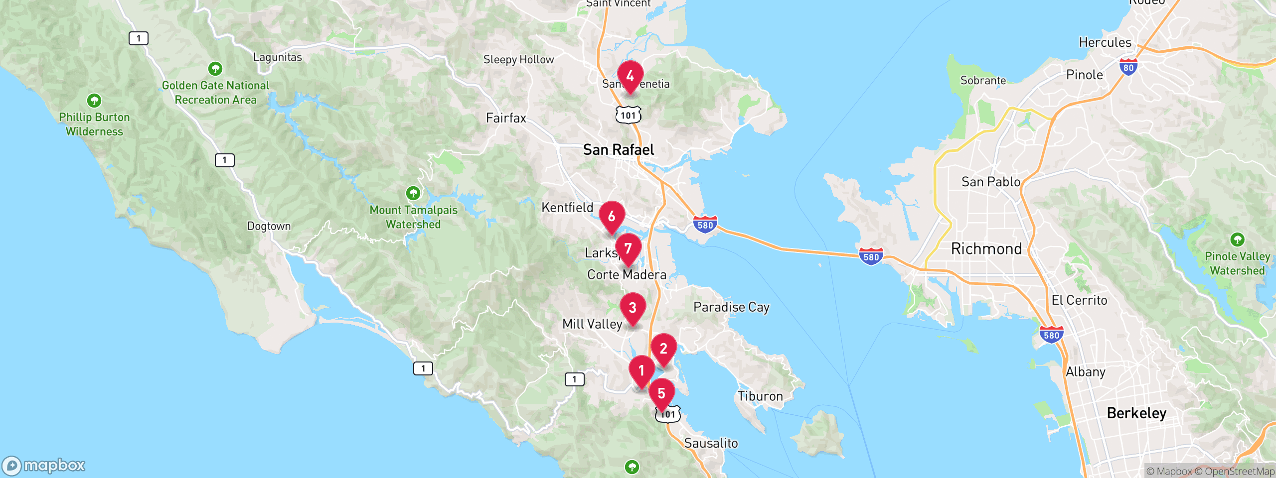 Map of 7 sample hoa lien properties in Marin County, numbered to match the table