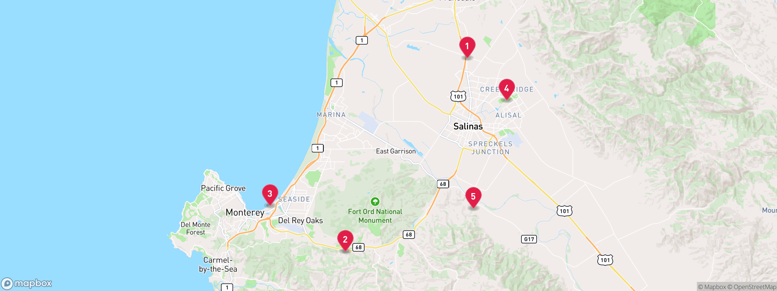 Map of 5 sample hoa lien properties in Monterey County, numbered to match the table
