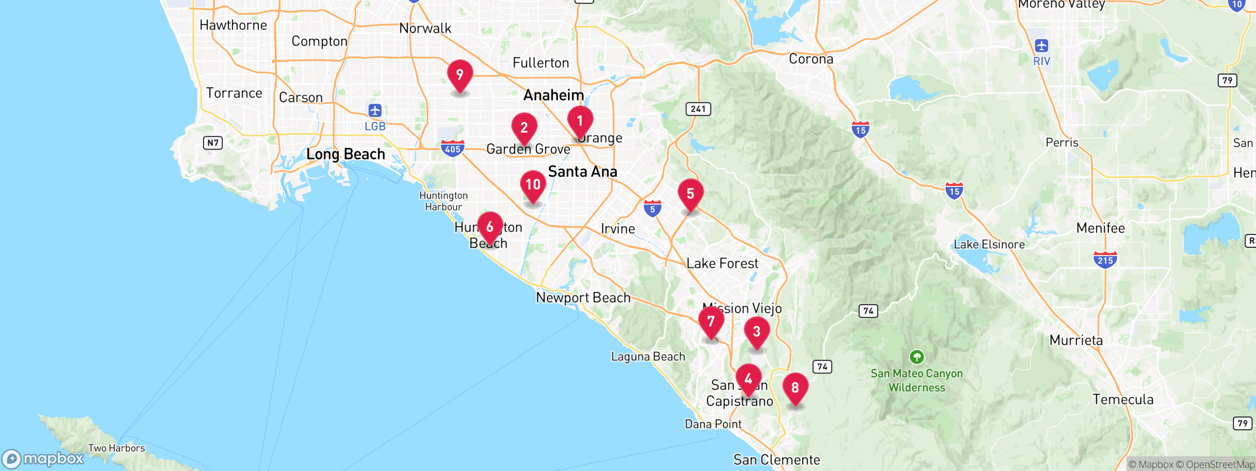 Map of 10 sample hoa lien properties in Orange County, numbered to match the table