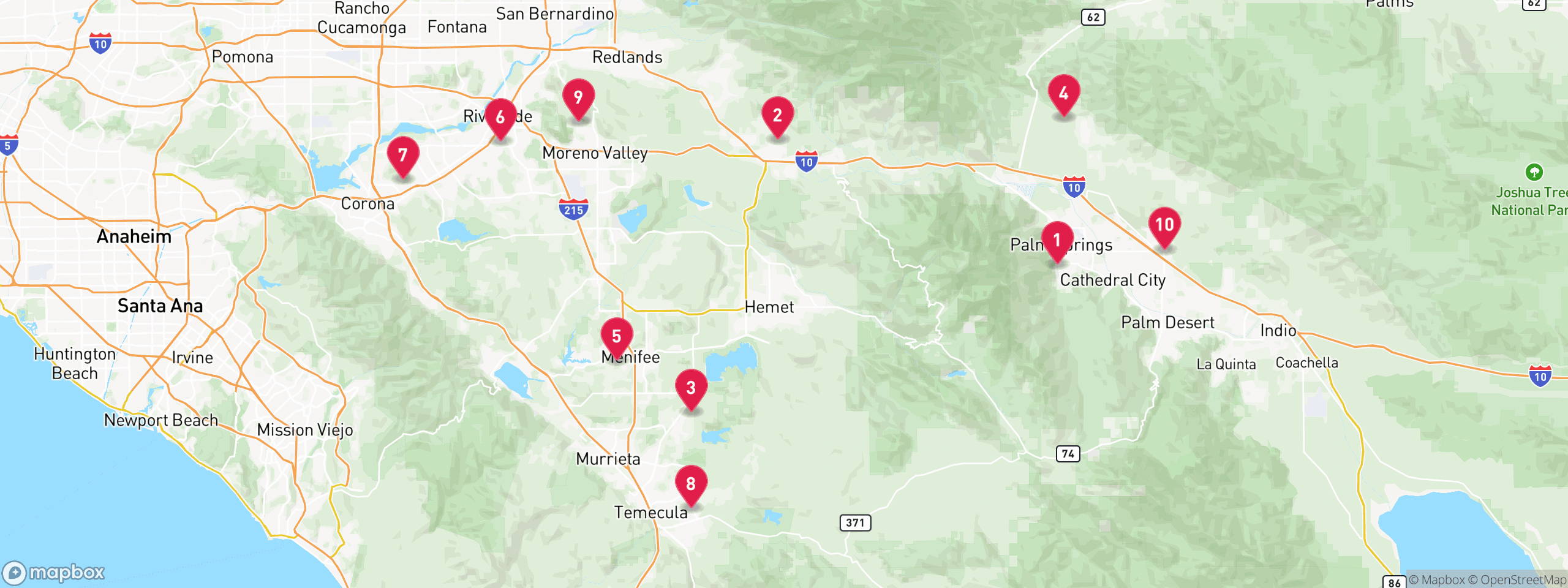 Map of 10 sample hoa lien properties in Riverside County, numbered to match the table