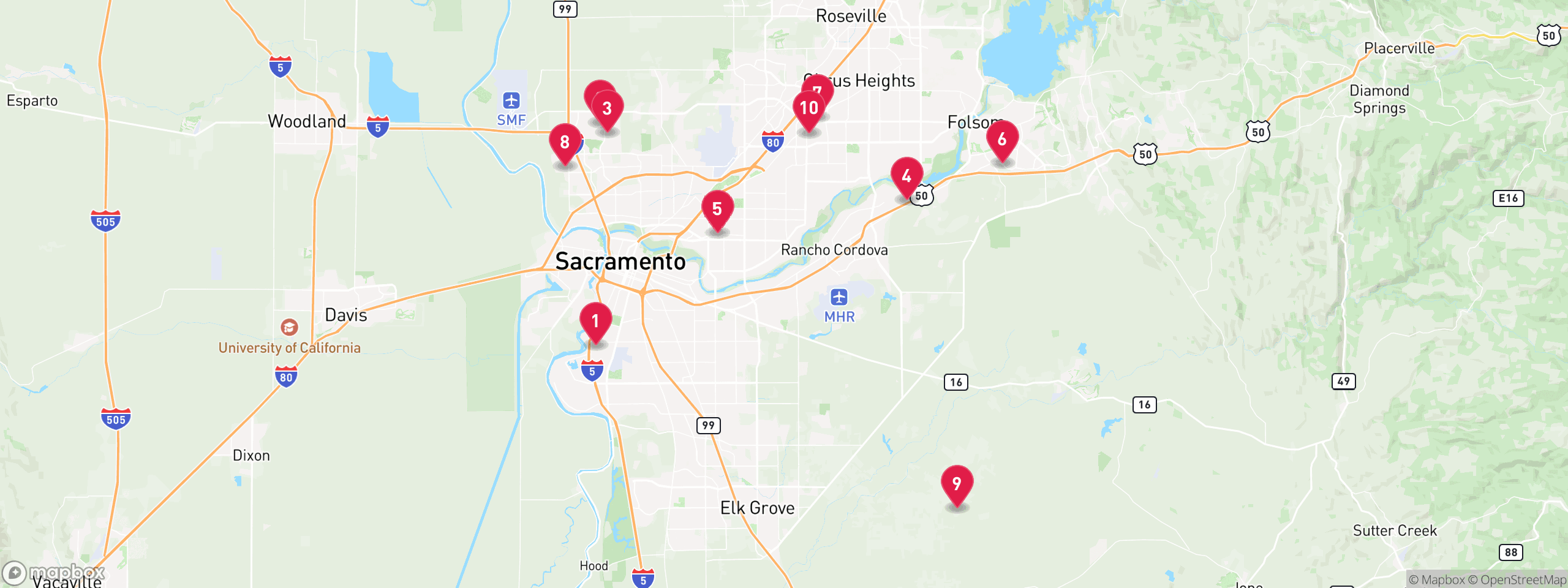 Map of 10 sample hoa lien properties in Sacramento County, numbered to match the table