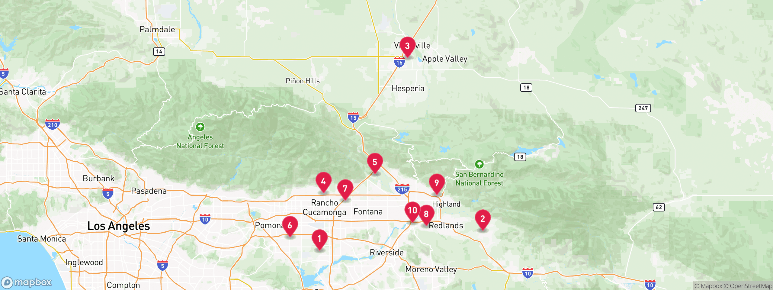 Map of 10 sample hoa lien properties in San Bernardino County, numbered to match the table