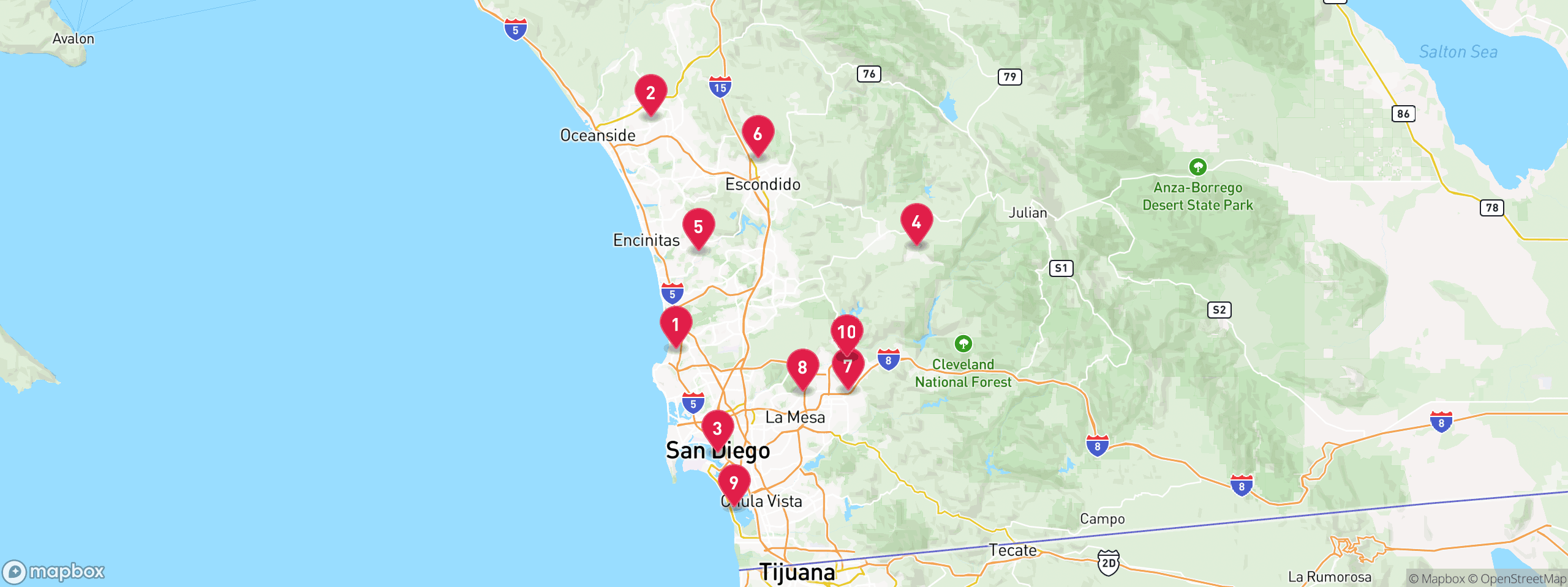 Map of 10 sample hoa lien properties in San Diego County, numbered to match the table