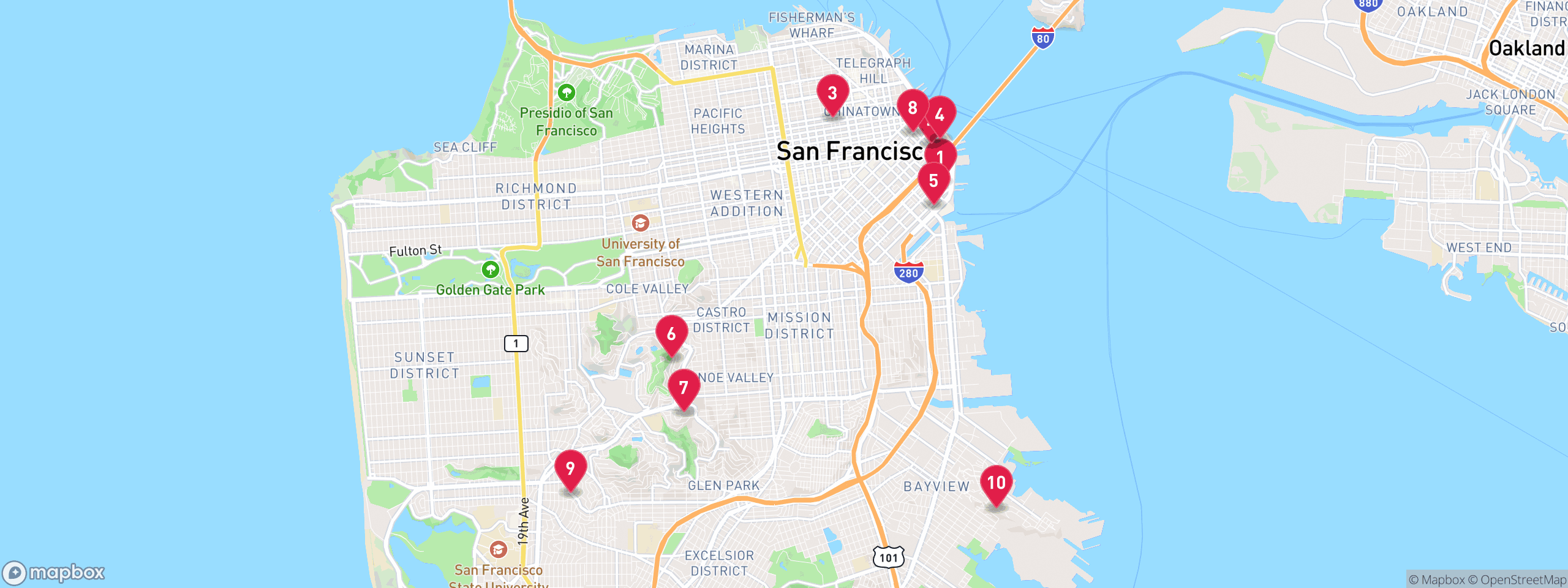 Map of 10 sample hoa lien properties in San Francisco County, numbered to match the table