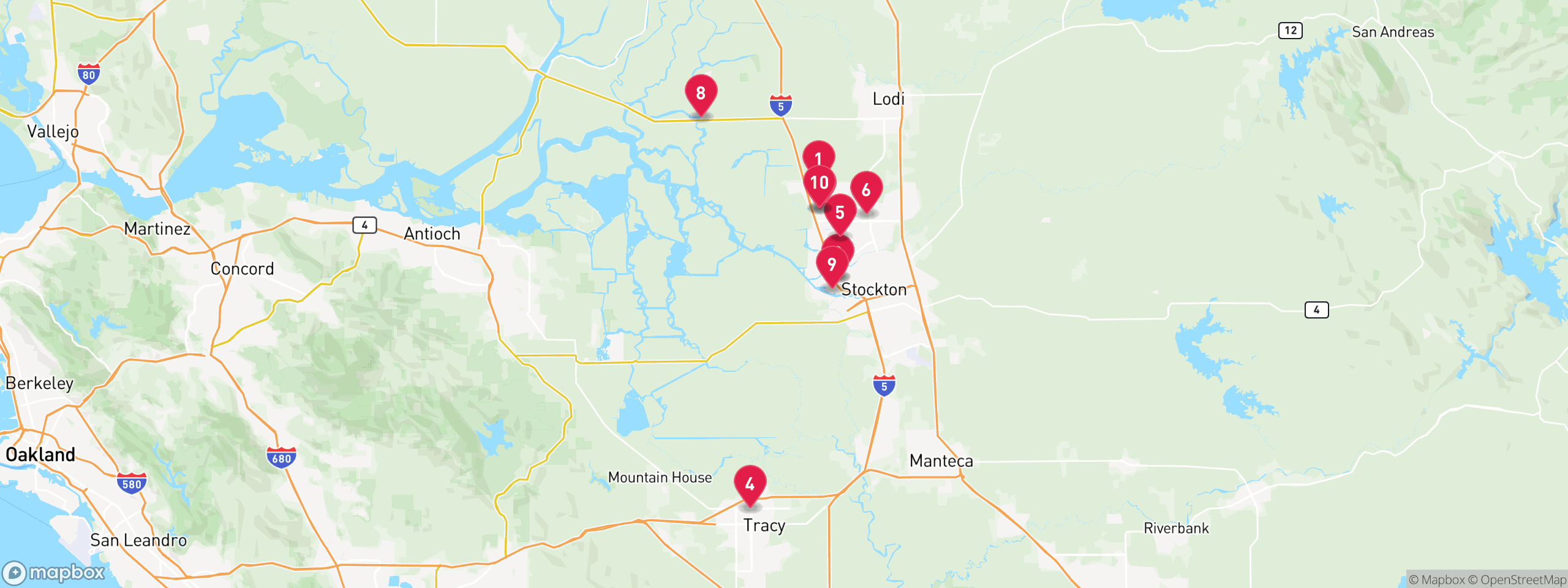Map of 10 sample hoa lien properties in San Joaquin County, numbered to match the table