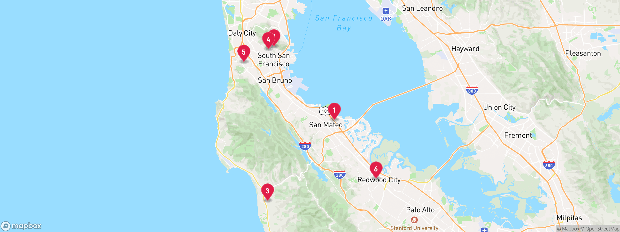 Map of 6 sample hoa lien properties in San Mateo County, numbered to match the table