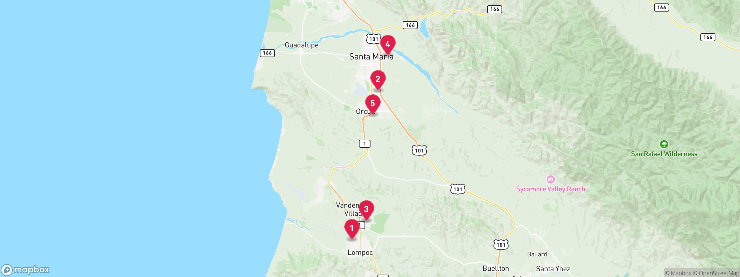 Map of 5 sample hoa lien properties in Santa Barbara County, numbered to match the table