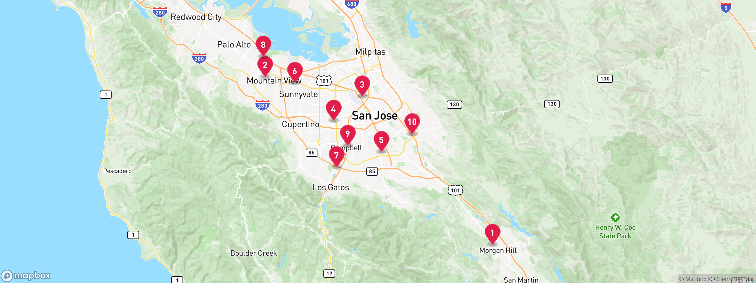 Map of 10 sample hoa lien properties in Santa Clara County, numbered to match the table