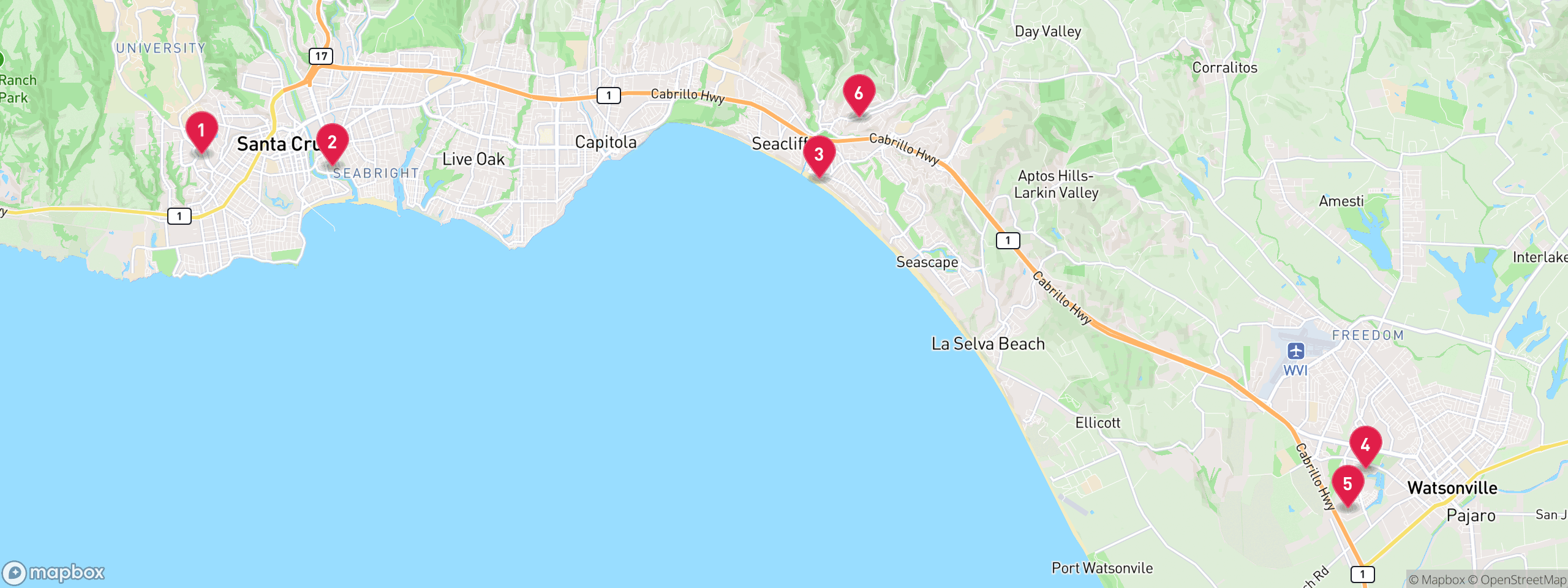 Map of 6 sample hoa lien properties in Santa Cruz County, numbered to match the table