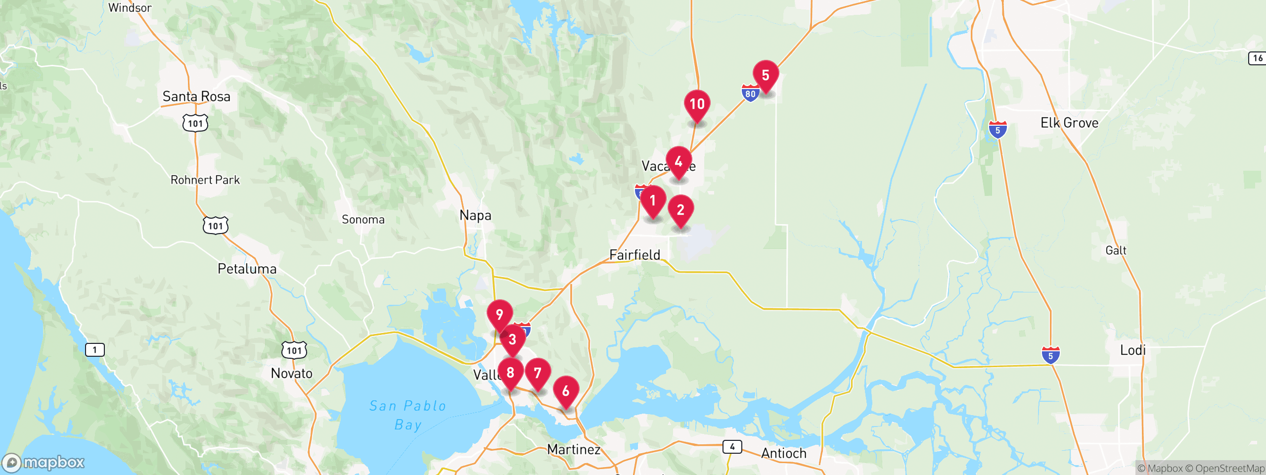 Map of 10 sample hoa lien properties in Solano County, numbered to match the table