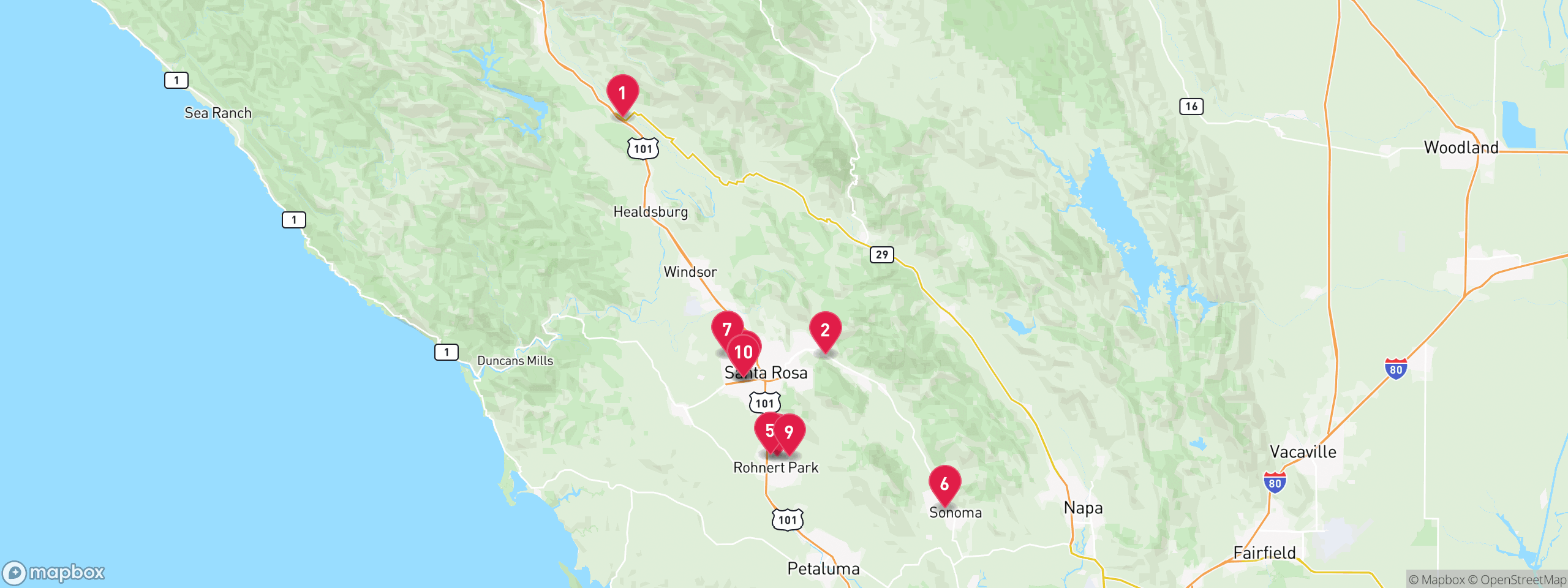 Map of 10 sample hoa lien properties in Sonoma County, numbered to match the table