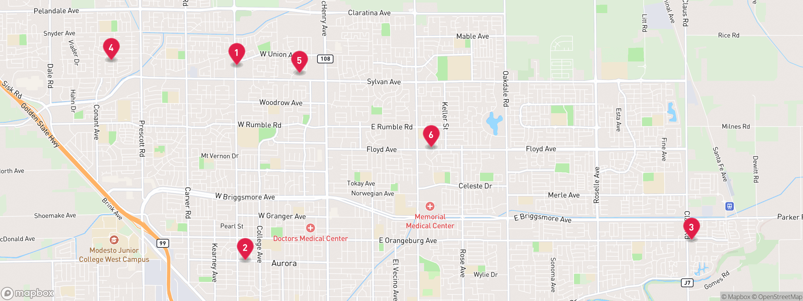 Map of 6 sample hoa lien properties in Stanislaus County, numbered to match the table