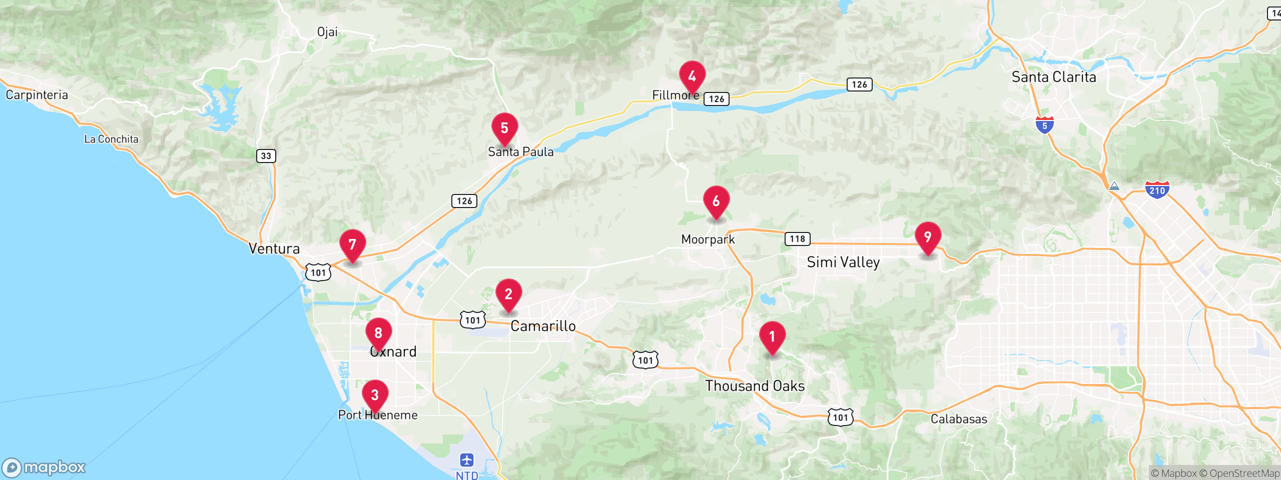 Map of 9 sample hoa lien properties in Ventura County, numbered to match the table
