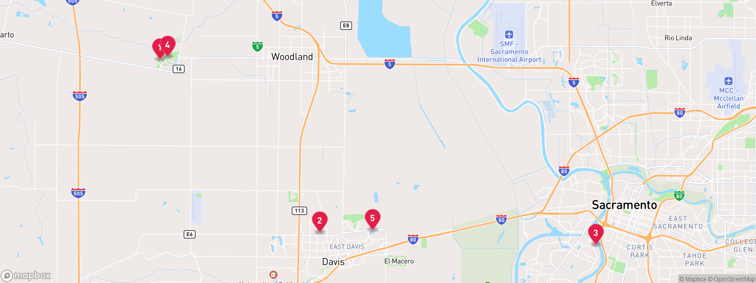 Map of 5 sample hoa lien properties in Yolo County, numbered to match the table