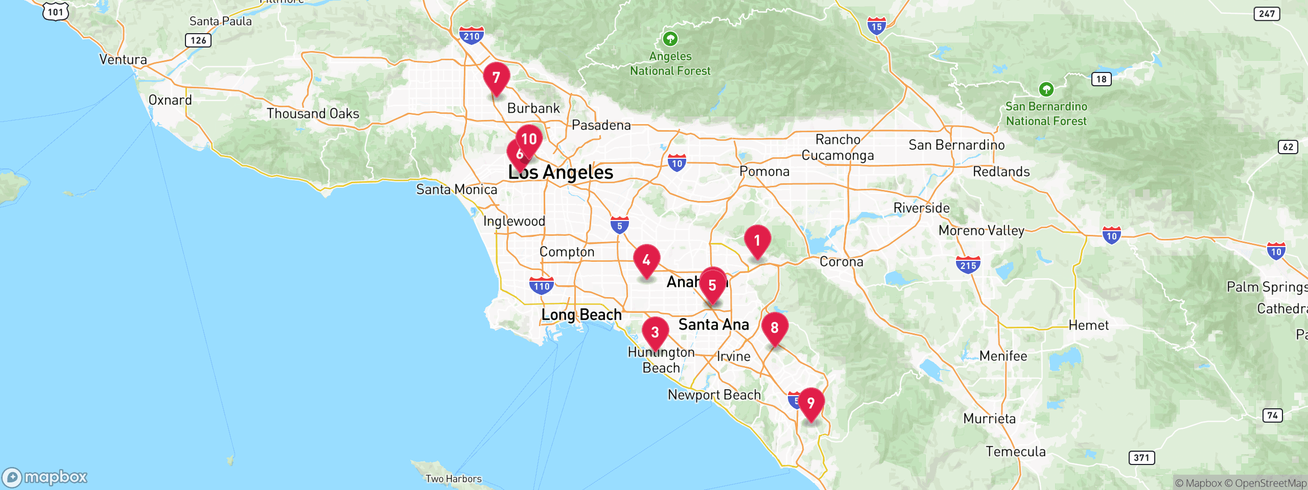 Map of 10 sample distressed properties in Los Angeles and Orange County, numbered to match the table