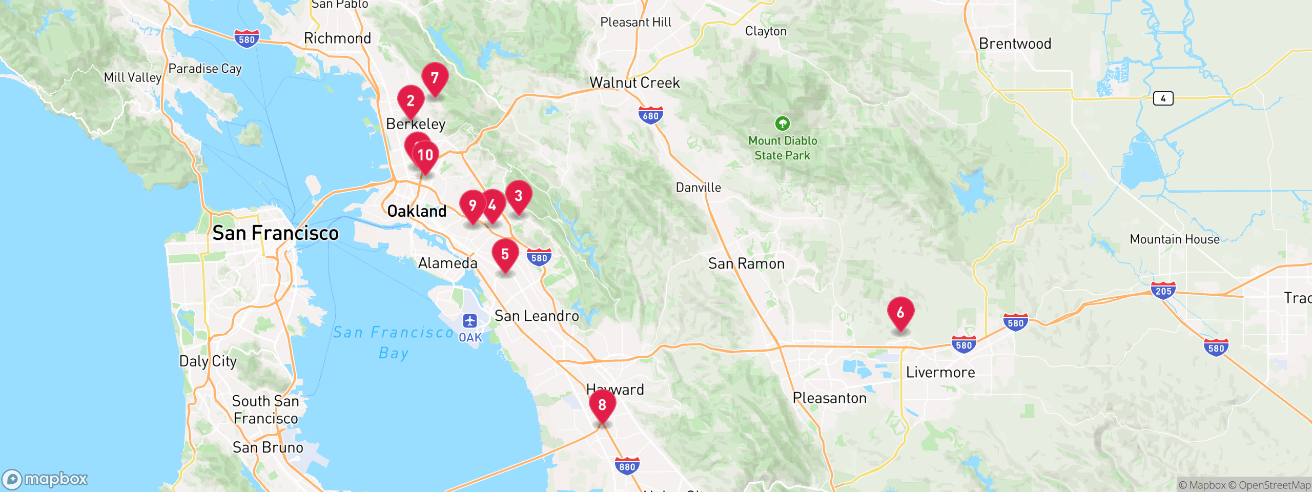 Map of 10 sample mechanics lien properties in Alameda County, numbered to match the table