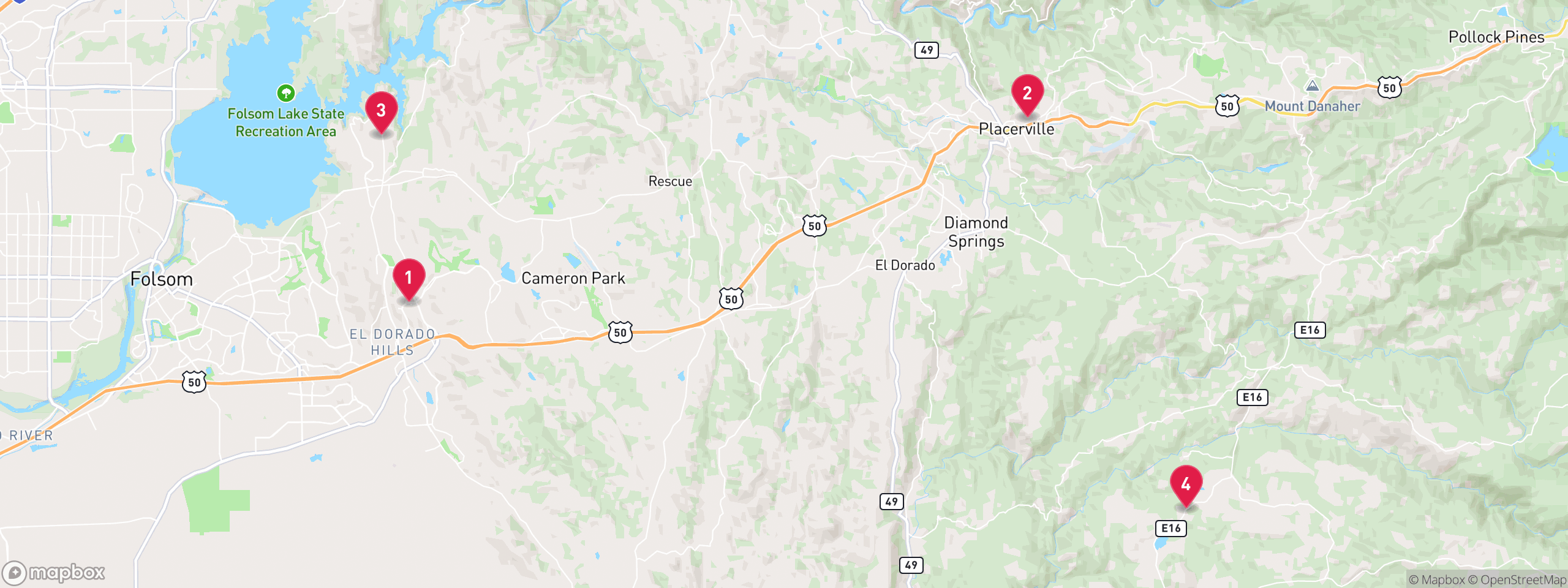 Map of 4 sample mechanics lien properties in El Dorado County, numbered to match the table